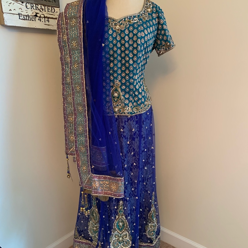 Amazing Royal blue and teal silk and tulle lengha.